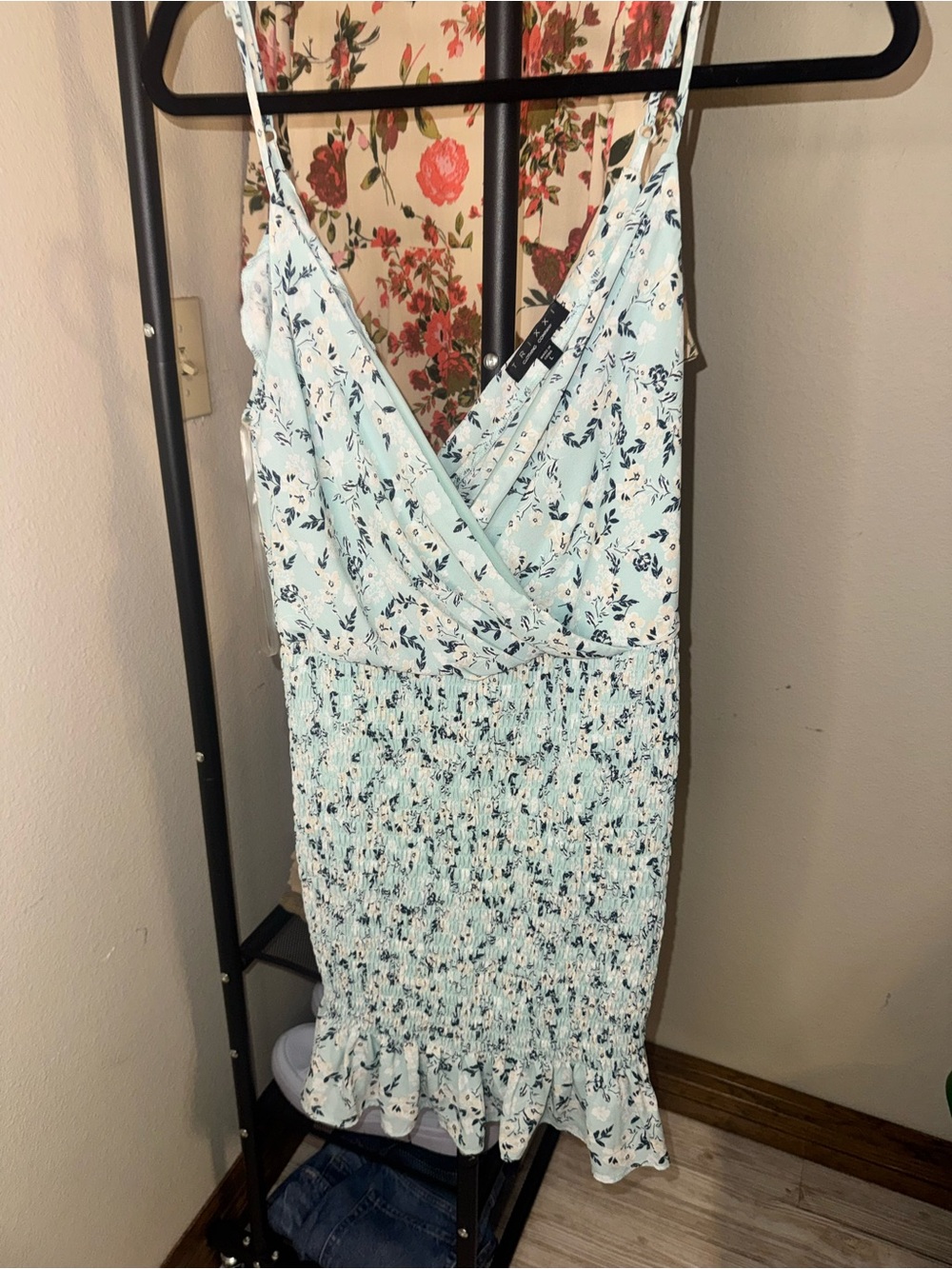 Light Blue Floral Smocked Mini Dress with V-Neck
